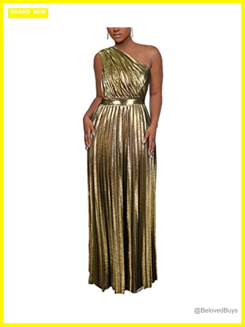 Metallic One Shoulder Sleeveless Pleated A-Line Maxi Formal Dress